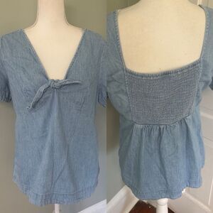 Old Navy Tie Front Denim Top Blouse Large Smocked Blue Western